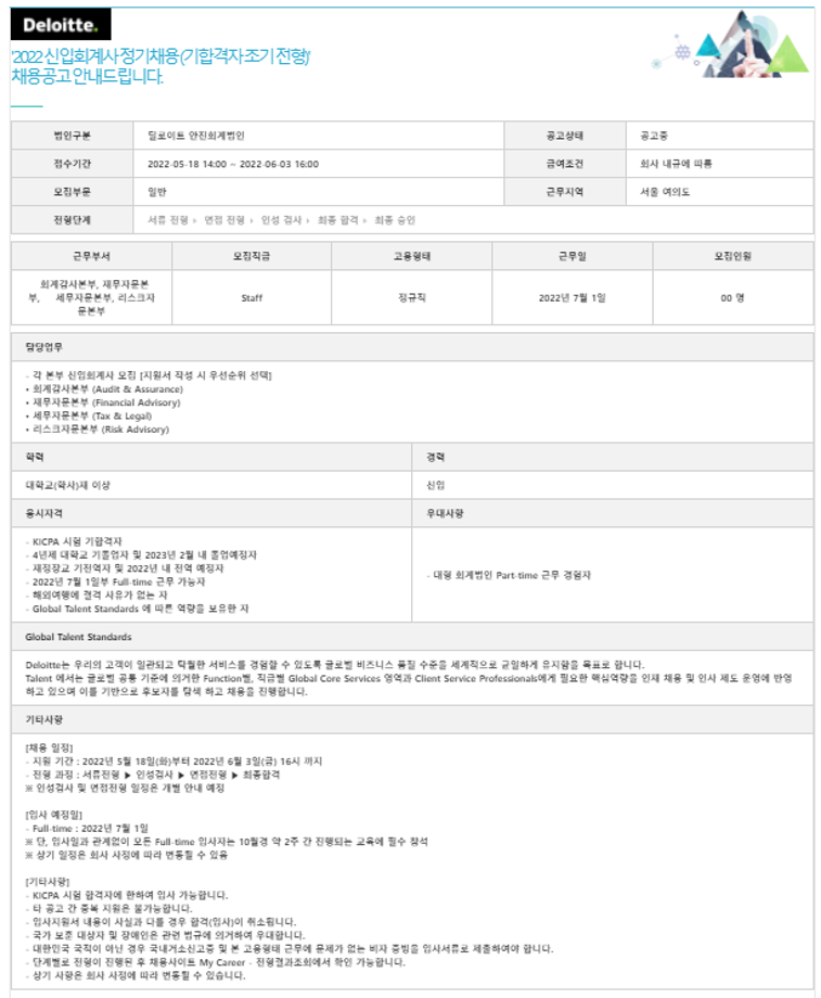 딜로이트 안진회계법인 2022 신입회계사 정기채용 (기합격자 조기 전형)