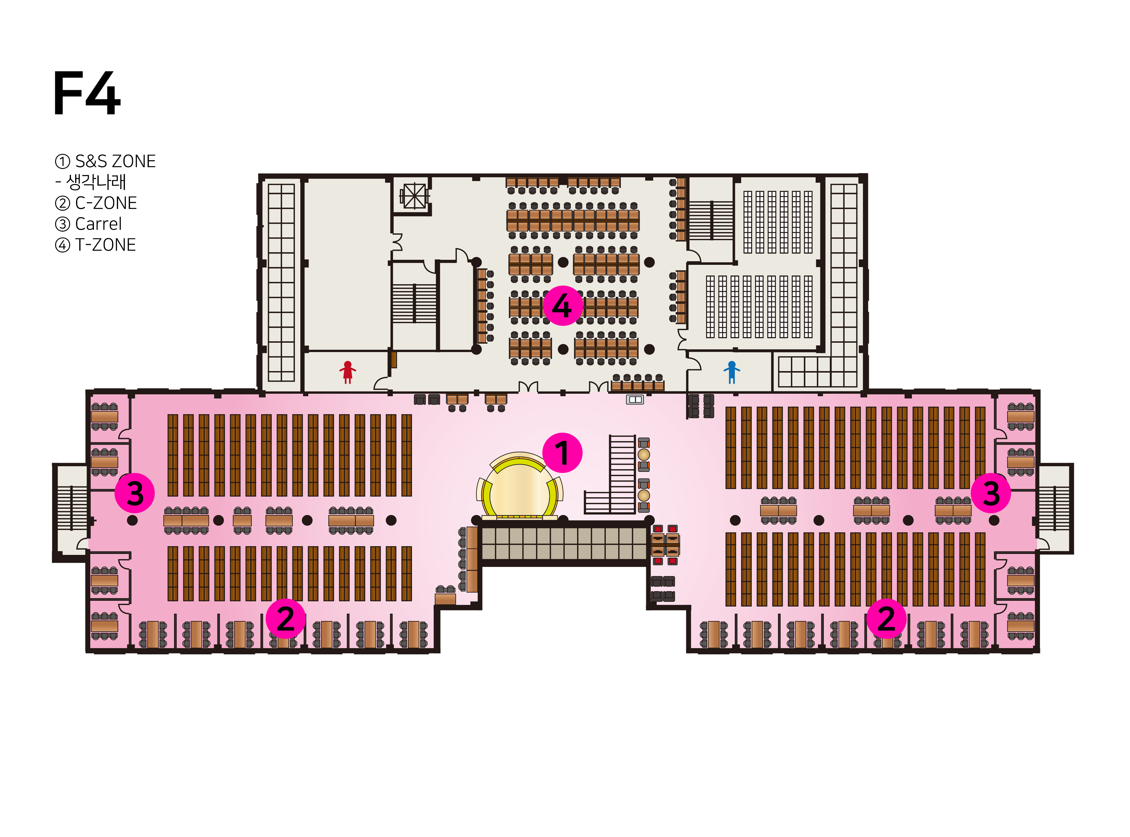 F4층 Research & Rest Commons 평면도 이미지로 1.S&S ZONE-생각나래 2.C-ZONE 3.Carrel 4.T-ZONE 에 대한 위치를 안내합니다.